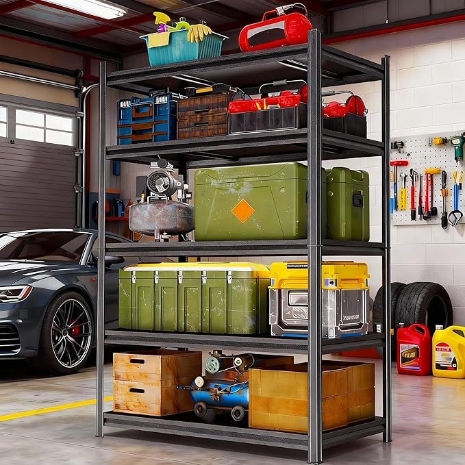 Garage Shelving Unit, Heavy Duty Metal Adjustable Storage, Steel Shelves, Industrial Shelves for Heavy Tools and Equipment, Ideal for Garage, Basement, Black (5-Tier, 72" H x 47.2" W x 23.6" D)