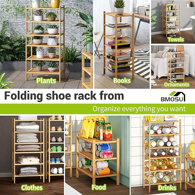BMOSU 6-Tier Bamboo Small Shoe Rack Premium Stackable Shoe Shelf Storage Organizer for Hallway Closet Living Room Entryway Organizer(Natural)