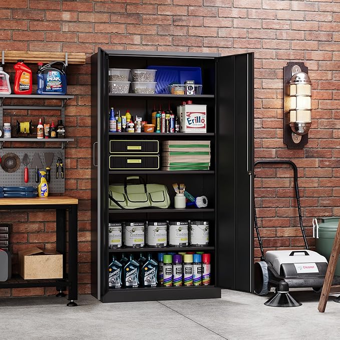 MIIIKO Black Metal Cabinet with Doors and Shelves, 72" Tall Steel Cabinet for Storage with 5 Shelves, Locking 2 Door Garage Shelving Cabinets Heavy Duty, Home Office Storage Organizer