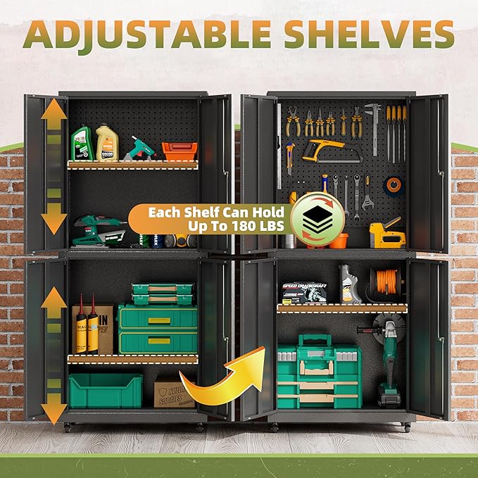Garage Storage Cabinet with Wheels, Lockable Metal Storage Cabinet, 71''H Heavy Duty Garage Cabinet with Pegboard & 4 Doors for Utility Room Warehouse Home Office