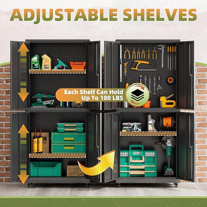 Garage Storage Cabinet with Wheels, Lockable Metal Storage Cabinet, 71''H Heavy Duty Garage Cabinet with Pegboard & 4 Doors for Utility Room Warehouse Home Office