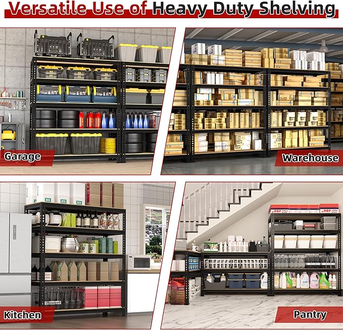 5-Shelf Heavy Duty Shelving - Adjustable Garage Storage Shelves, Metal Utility Storage Racks for Warehouse Pantry Basement Kitchen, Garage Organizers Shef Unit, Black, Packs of 2