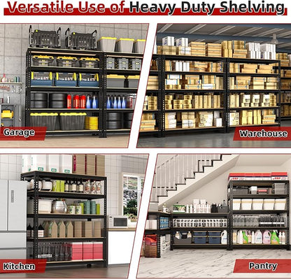5-Shelf Heavy Duty Shelving - Adjustable Garage Storage Shelves, Metal Utility Storage Racks for Warehouse Pantry Basement Kitchen, Garage Organizers Shef Unit, Black, Packs of 2