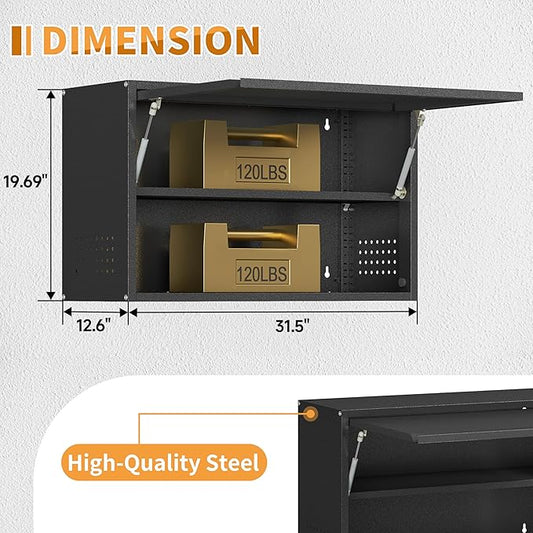 Metal Garage Wall Cabinet with Up-Flip Door, Black Float Tool Cabenit with Adjustable Shelf,Upper Storage Cabinets with Pegboard for Kitchen,Garage,Workshop,Warehouse (19.7" H,Black)