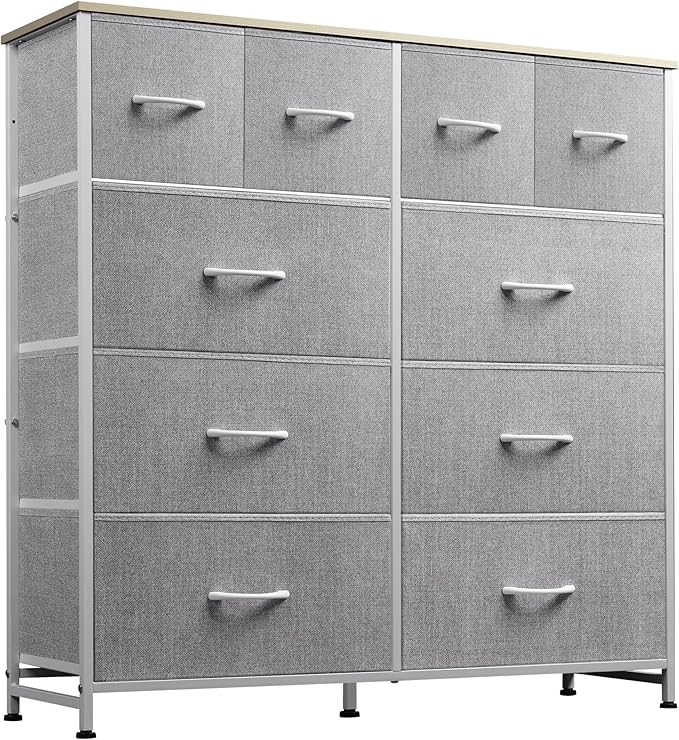 WLIVE Fabric Dresser for Bedroom, Dresser Organizer with 10 Drawers, Storage Tower with Fabric Bins, Double Dressers, Chest of Drawers for Closet, Living Room, Hallway, Light Grey