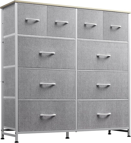 WLIVE Fabric Dresser for Bedroom, Dresser Organizer with 10 Drawers, Storage Tower with Fabric Bins, Double Dressers, Chest of Drawers for Closet, Living Room, Hallway, Light Grey