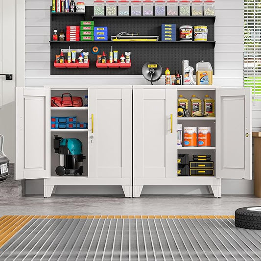 36" Metal Floor Storage Cabinet, Locked Steel Storage Cabinets with 2 Doors and 2 Adjustable Shelves, White Kitchen Cabinet, Freestanding Cabinet for Home/Office/Garage/Tool Room/Bathroom