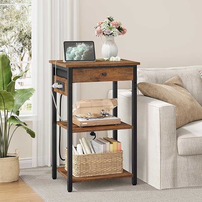 Printer Stand with Charging Station, 3-Tier Under Desk Printer Table, End Table with Storage Shelves for Home Office, Living Room,Bedroom,Bathroom,Brown