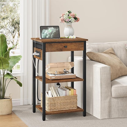Printer Stand with Charging Station, 3-Tier Under Desk Printer Table, End Table with Storage Shelves for Home Office, Living Room,Bedroom,Bathroom,Brown
