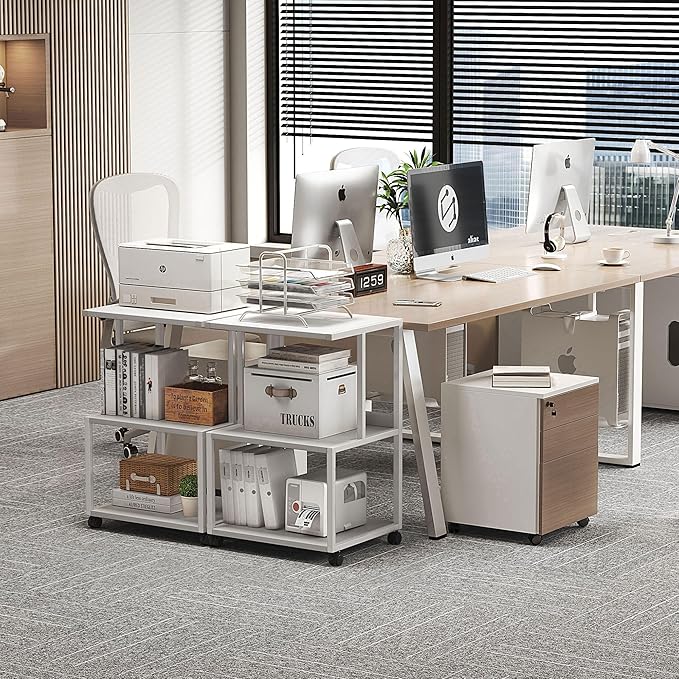 Mexin White 3 Tier Printer Table with Wheels, Industrial Rolling Cart with Storage Shelf for Scanner Fax, Home Office Use, 17.5 x 11.8 Inches