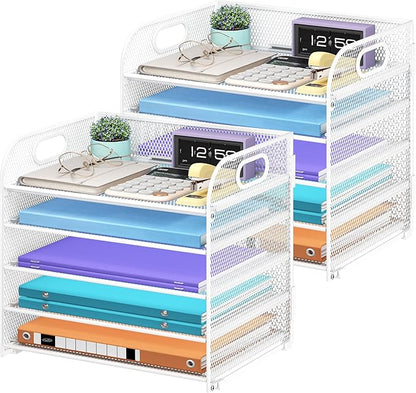 2 Pack 5 Tier Paper Organizer, Letter Tray with Handle, Mesh Desk Organizer, Metal File Organizer, Office Desk Accessories for Home, Office, Classroom, School -White