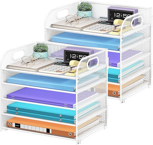 2 Pack 5 Tier Paper Organizer, Letter Tray with Handle, Mesh Desk Organizer, Metal File Organizer, Office Desk Accessories for Home, Office, Classroom, School -White
