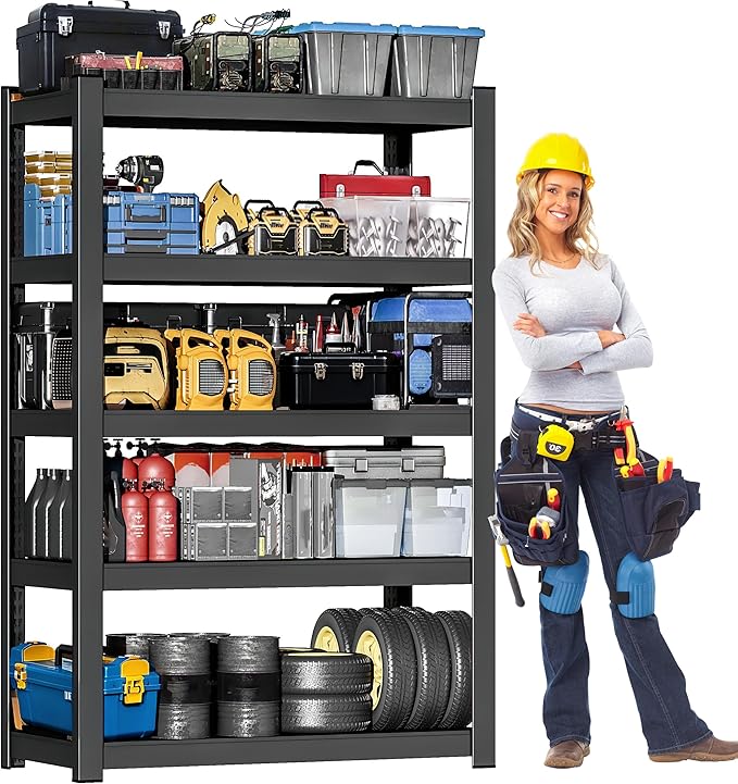 Shelving Units and Storage, 3000LBS Garage Storage Shelves, 5 Tier Shelving Unit, Steel Industrial Shelving, Adjustable Standing Shelf for Garage, Home, Warehouse 71" H x 36" W x 16" D, Black