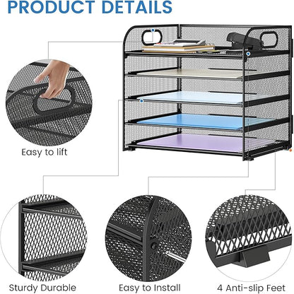 Paper Organizer Letter Tray with Handle Mesh 5 Trays Desk File Organizer Paper Sorter Desk Organizer for Office, Home or School-Black 2 Pack