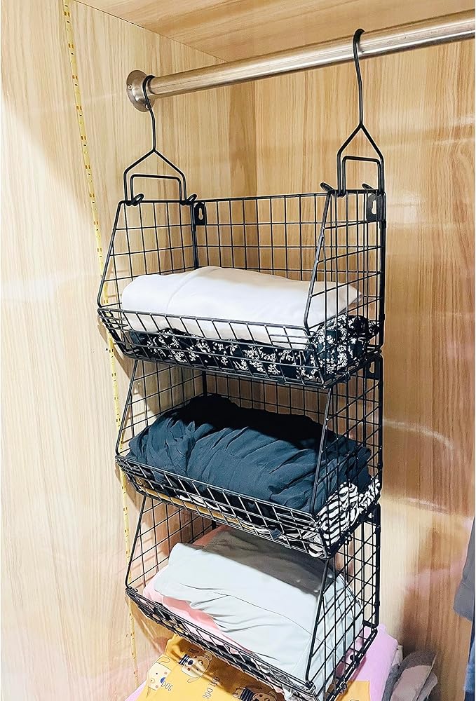 3 Tier Hanging Foldable Wire Baskets Closet Organizer Clothes Shelves Countertop Caddy Bin Wall Mount Shelf Wire Storage Basket Bins for Clothing Handbags Snacks Drinks Fruits L