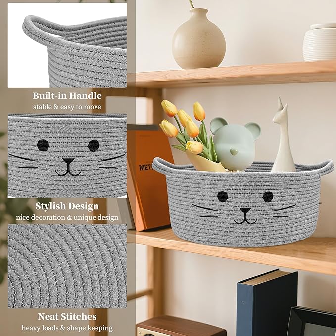 Large Cat Toy Basket - Gift Baskets Empty for Baby Shower Baby Baskets for Nursery Cute Woven Rope Storage Basket for Home Decor, Cat Pet toy box, Grey Easter basket, 13" D x 6" H