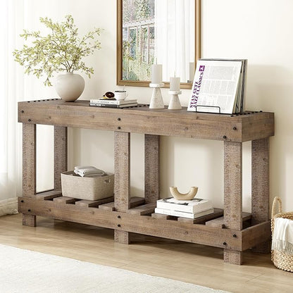 62.9-Inch Extra-Length Tabletop Vintage Entryway Table, Solid Cedar Wood Console Table with 6 Reinforced Legs, Metal Rivet Decor and Plank Under-Shelf for Hallway, Living Room (Natural-J41)