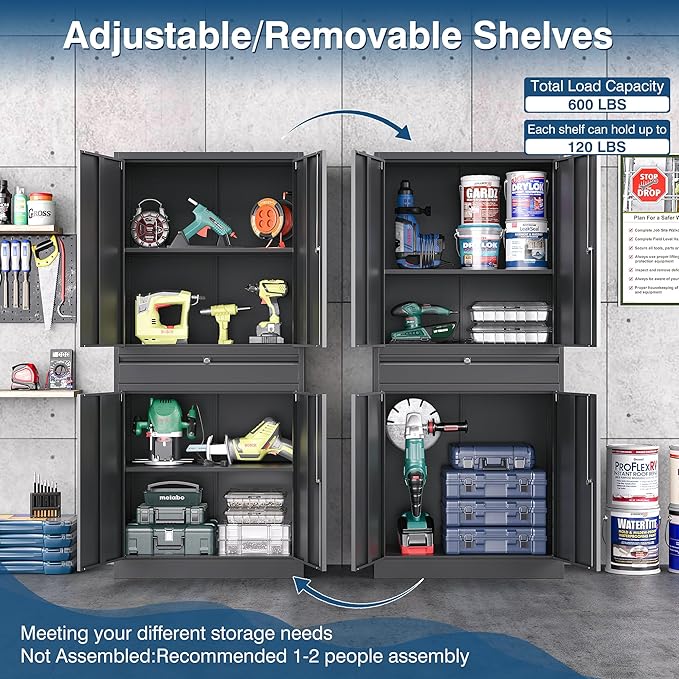 Black Metal Storage Cabinet with Lock, 71" Tall Garage Storage Cabinets with Doors and Shelves, Lockable Tool Caninet Steel Locking Cabnets File Cabinet for Home Office, Garage, Pantry