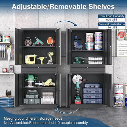 Black Metal Storage Cabinet with Lock, 71" Tall Garage Storage Cabinets with Doors and Shelves, Lockable Tool Caninet Steel Locking Cabnets File Cabinet for Home Office, Garage, Pantry