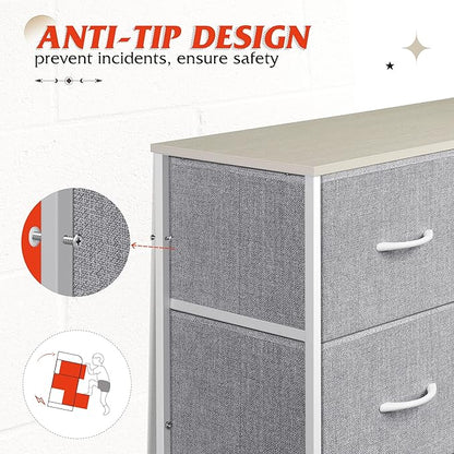 WLIVE Tall Dresser for Bedroom with 10 Drawers, Chest of Drawers, Dressers Bedroom Furniture, Grey Dresser with Fabric Bins for Closet, Hallway, Living Room, Entryway, Light Grey