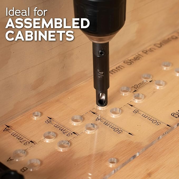 Deluxe Dual Sided Shelf Pin Jig With 1/4" And 5mm Self Centering Drill Bits, Adjustable Shelf Jig for Easy Alignment On Both Sides, Easy Setup Shelving Templates