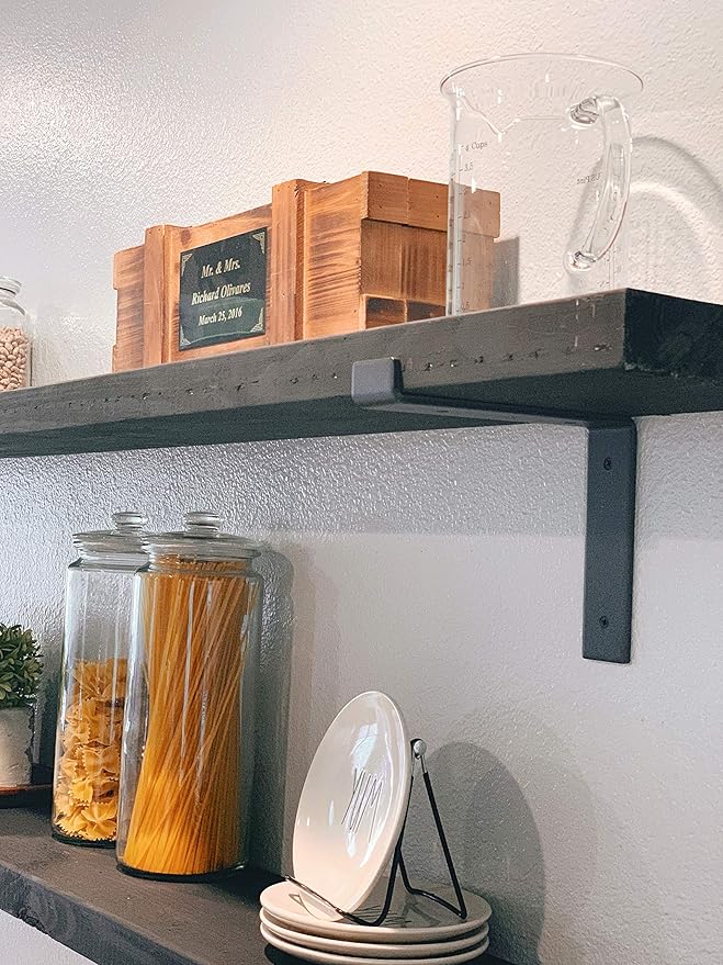 Heavy-Duty Shelf Brackets - Premium Construction Grade 1/4" (6mm) Thick Steel - Matte Black Iron Finish for Modern Farmhouse Rustic Open Shelving w/ Hardware, 4-Pack - (L Bracket w/ Lip, 9.25" x 6")