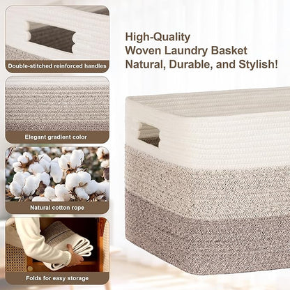 60L Laundry Basket with Leather Handles for Living Room Storage, Woven Rope Baskets Bin for Blanket, Kids Toy, Gifts, Wicker Hamper for Bedroom Dirty Clothes, Gradient Brown