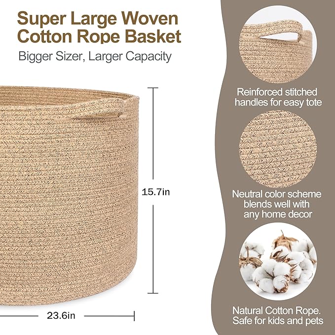 115L Wicker Storage Basket, 23.6"x15.7" Woven Cotton Rope Basket, Giant Kids Dog Toy Bin Organizer, XXXL Blanket Pillow Holder for Living Room, Brown Variegated Wicker Baskets for Organizing