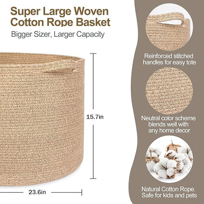 115L Wicker Storage Basket, 23.6"x15.7" Woven Cotton Rope Basket, Giant Kids Dog Toy Bin Organizer, XXXL Blanket Pillow Holder for Living Room, Brown Variegated Wicker Baskets for Organizing