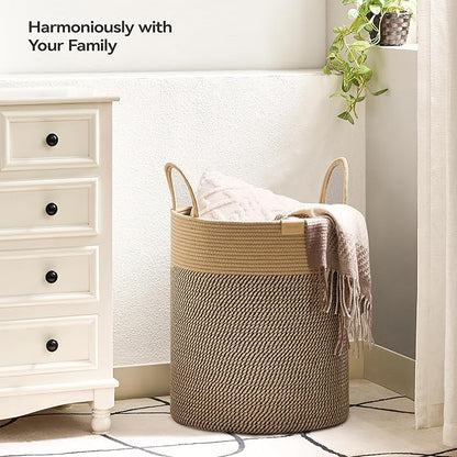 Laundry Hamper 62L,Large Laundry Basket for Clothes,Decorative Storage Basket for Blankets,Cotton Rope Woven basket for bedroom,Dark Brown