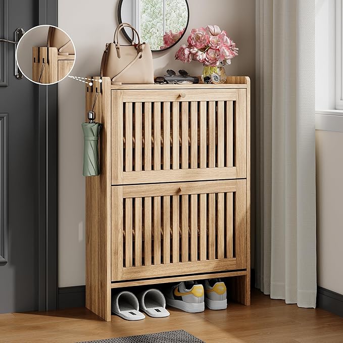 wanan 24" Shoe Cabinet with 2 Flip Slatted Drawers, Adjustable & Removable Panels, Narrow Shoe Cabinet Storage for Entryway, Hallway, Shoe Rack Organizer Cabinet, Light Oak
