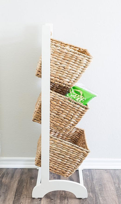 BIRDROCK HOME 3 Tier Abaca Storage Cubby (Natural) - 3 Baskets Made of Durable Seagrass Fiber - Solid Wood Frame - Child Pet Dog Toy Food Storage Organizer Shelf - Kitchen Vertical Rack Unit Stand