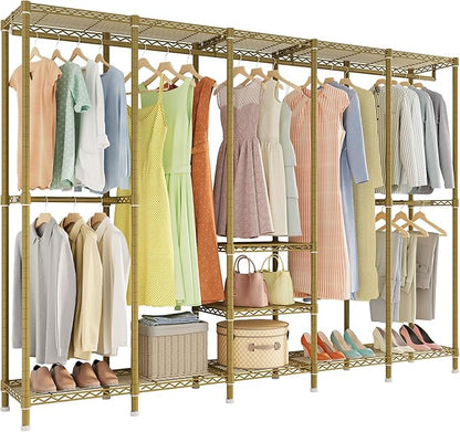 H5 Large Wire Garment Rack, Heavy Duty Clothes Racks, Wardrobe Closet Rack for Hanging Clothes, Freestanding Clothing Racks with Adjustable Shelf, 93.3" Wx15.7 Dx75.4 H, Gold, Load 1400 lbs
