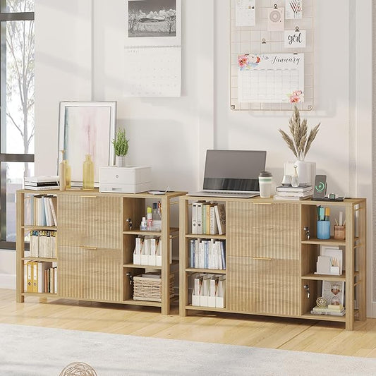 File Cabinet for Home Office, Fluted Filing Cabinet with Charging Station, 2 Drawers Fit Letter/Legal/A4 with Tabs, Printer Stand with Lock & 2 Power Outlets, 6 Shelves (2, Oak)