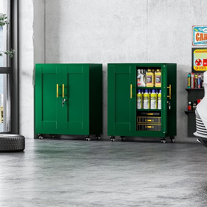 Metal Storage Cabinet with Lock and Wheels, Steel Tool Cabinet with 2 Door and 2 Adjustable Shelves, 35” Tall Lockable File Cabinet, Garage Cabinet, Rolling Cabinet for Home Office - Green