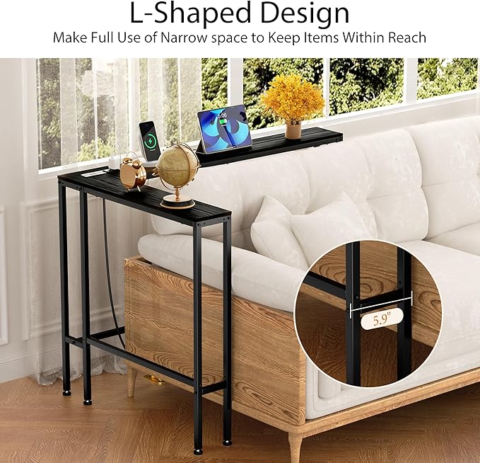 70" Narrow Console Sofa Table with Power Outlets & 2 USB Ports, L Shaped Behind Couch Table Skinny, 3 Assembly Options Entryway Tables with Charging Station for Living Room, Hallway, Black, 70IN