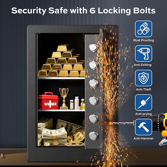 Large Steel Safe Box 3.0 Cuft for Home with LED Light, 6 Locking Bolts Electronic Safe Fireproof with Removable Shelves & Smart Alert, Digital Safe with Fireproof Bag for Document Hotel Office