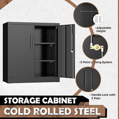 INTERGREAT Metal Storage Cabinet with Locking Doors, Lockable Steel Storage Cabinets with 2 Doors and Shelves, Black Metal Cabinets with Lock, Small Steel Cabinet for Office, Garage, Home, Shop