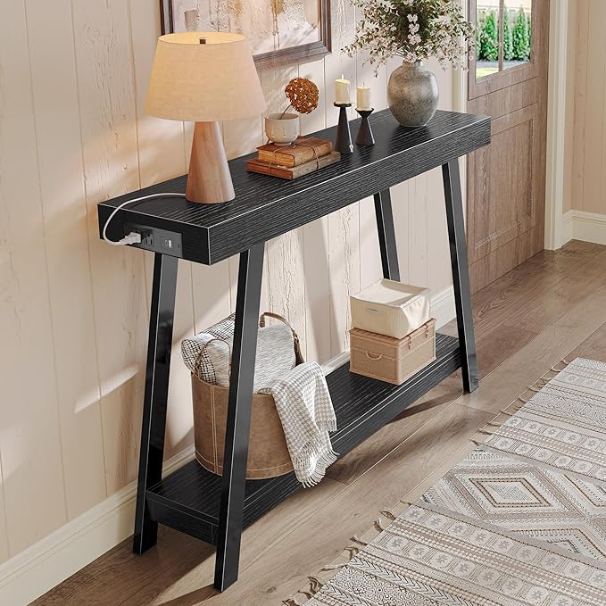 Huuger Console Table with Charging Station, USB-C Port, 2 Tiers Entryway Table, 47.2 Inch Sofa Table with Metal Legs, Entry Hallway Table with Thicker Desktop, Modern Behind Couch Table, Black
