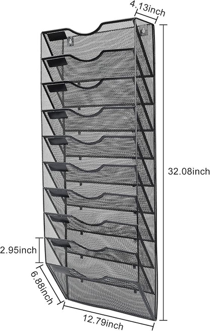 PAG Hanging Wall File Holder Organizer Mail Sorter Literature Rack for Office, 10 Pockets, Black