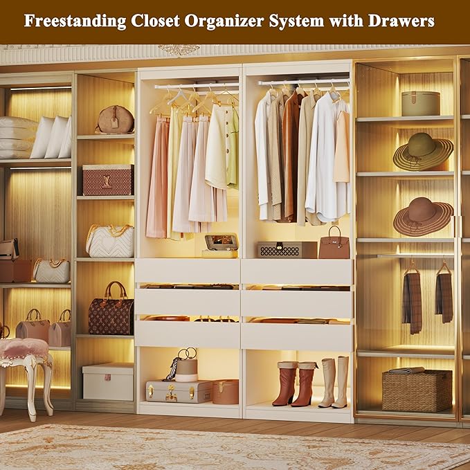 Freestanding Closet System Set of 2, 4FT Closet Organizer System with 6 Wood Drawers & Glasstop, 48" Closet Systems with Hanging Rod & LED Light, Heavy Duty Walk-in Closet, White(48"L x 16" W x 80" H)