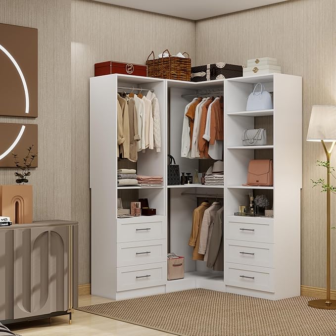 Corner Closet System, 31" Corner Closet Organizer With 3 Hanging Rods, Wood Walk In Closet System for Small Space, L Shaped Corner Closet, White