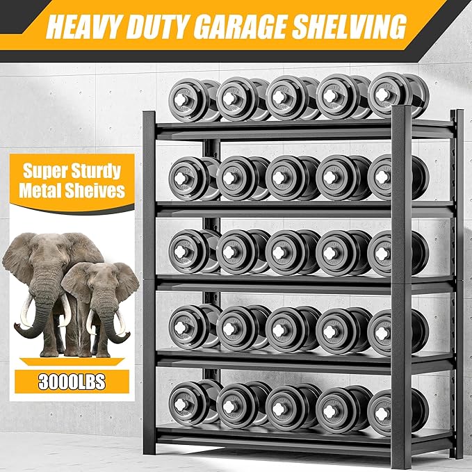 Heavy Duty Garage Shelving,72" Hx48 Wx24 D 5-Tier Storage Shelves,3000 lbs Capacity,Easy Assembly Adjustable Stainless Metal Shelf,Suitable for Garage Basement Office Farmhouse etc