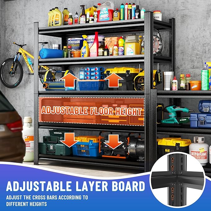 Metal Garage Shelving Unit,Heavy Duty 5-Tier Adjustable Storage Shelves,3000 lbs Capacity,Industrial Shelves for Heavy Tools and Equipment,for Garage,Basement (Black, 27.6" Wx13.8 Dx63 H)