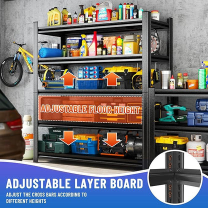 Metal Garage Shelving Unit,Heavy Duty 5-Tier Adjustable Storage Shelves,3000 lbs Capacity,Industrial Shelves for Heavy Tools and Equipment,for Garage,Basement (Black, 27.6" Wx13.8 Dx63 H)