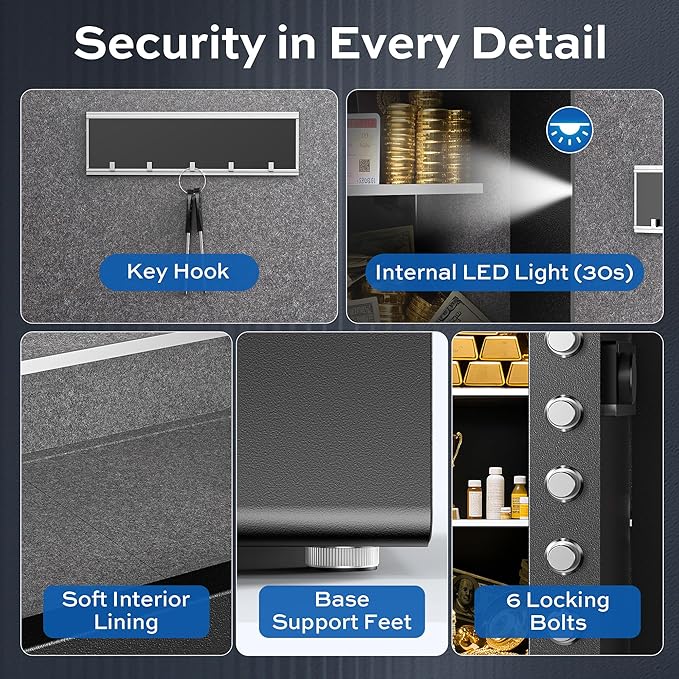 Large Steel Safe Box 3.0 Cuft for Home with LED Light, 6 Locking Bolts Electronic Safe Fireproof with Removable Shelves & Smart Alert, Digital Safe with Fireproof Bag for Document Hotel Office
