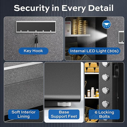 Large Steel Safe Box 3.0 Cuft for Home with LED Light, 6 Locking Bolts Electronic Safe Fireproof with Removable Shelves & Smart Alert, Digital Safe with Fireproof Bag for Document Hotel Office