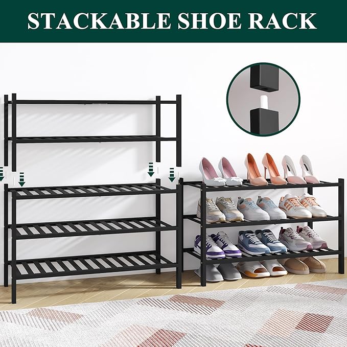 Smiry Bamboo Shoe Rack for Closet, 4 Tier Wooden Stackable Shoe Organizer, Free Standing Shoes Storage Shelf for Entryway, Front Door Entrance, Black