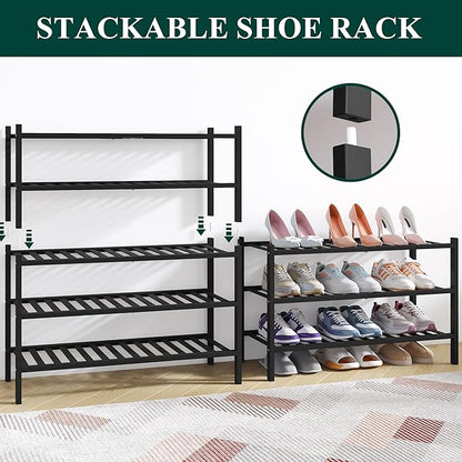 Smiry Bamboo Shoe Rack for Closet, 3 Tier Wooden Stackable Shoe Organizer, Free Standing Shoes Storage Shelf for Entryway, Front Door Entrance, Black