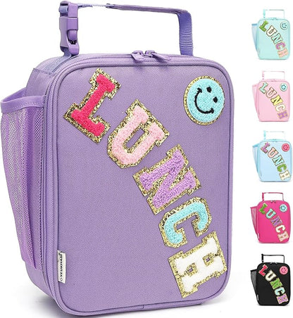 FlowFly Lunch box Insulated Soft Bag Mini Cooler Back to School Thermal Meal Tote Kit With Buckle and Mesh Side Pocket for Girls, Boys, PurpleWithLetter